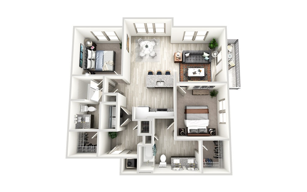 B2 - 2 bedroom floorplan layout with 2 baths and 1138 square feet.