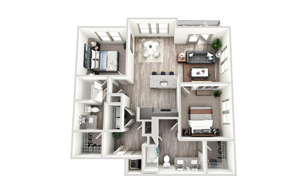 B2a - 2 bedroom floorplan layout with 2 baths and 1138 square feet.