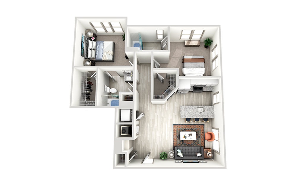 B3 - 2 bedroom floorplan layout with 2 baths and 1039 square feet.